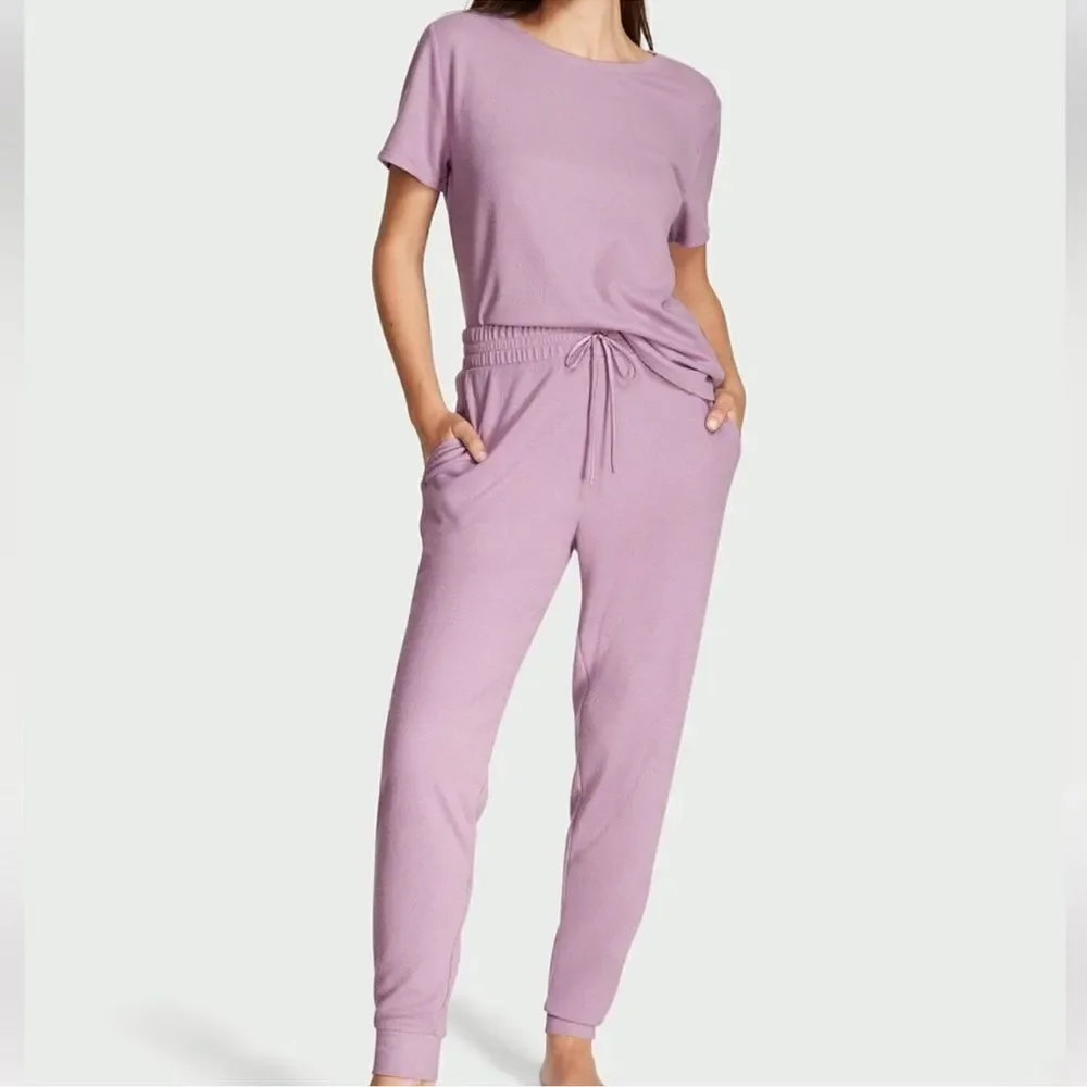 Victoria’s Secret Glow Waffle Tee Jogger thermal Pajama Set loungewear Lilac XXL